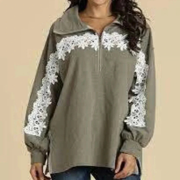 Suzanne Betro Weekend Taupe Lace-Trim ZipUp Pullov - Picture 2 of 3